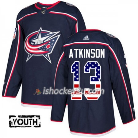 Børn NHL Blue Jackets Trøje Cam Atkinson 13 Adidas 2017-2018 Marine Blå USA Flag Fashion Authentic